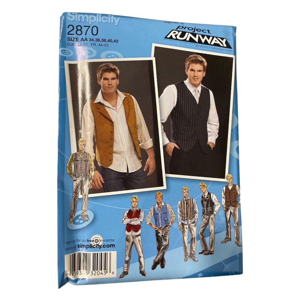 Simplicity 2870 Men Lined Vest Sewing Pattern Size AA 34-42 Project Runway UNCUT